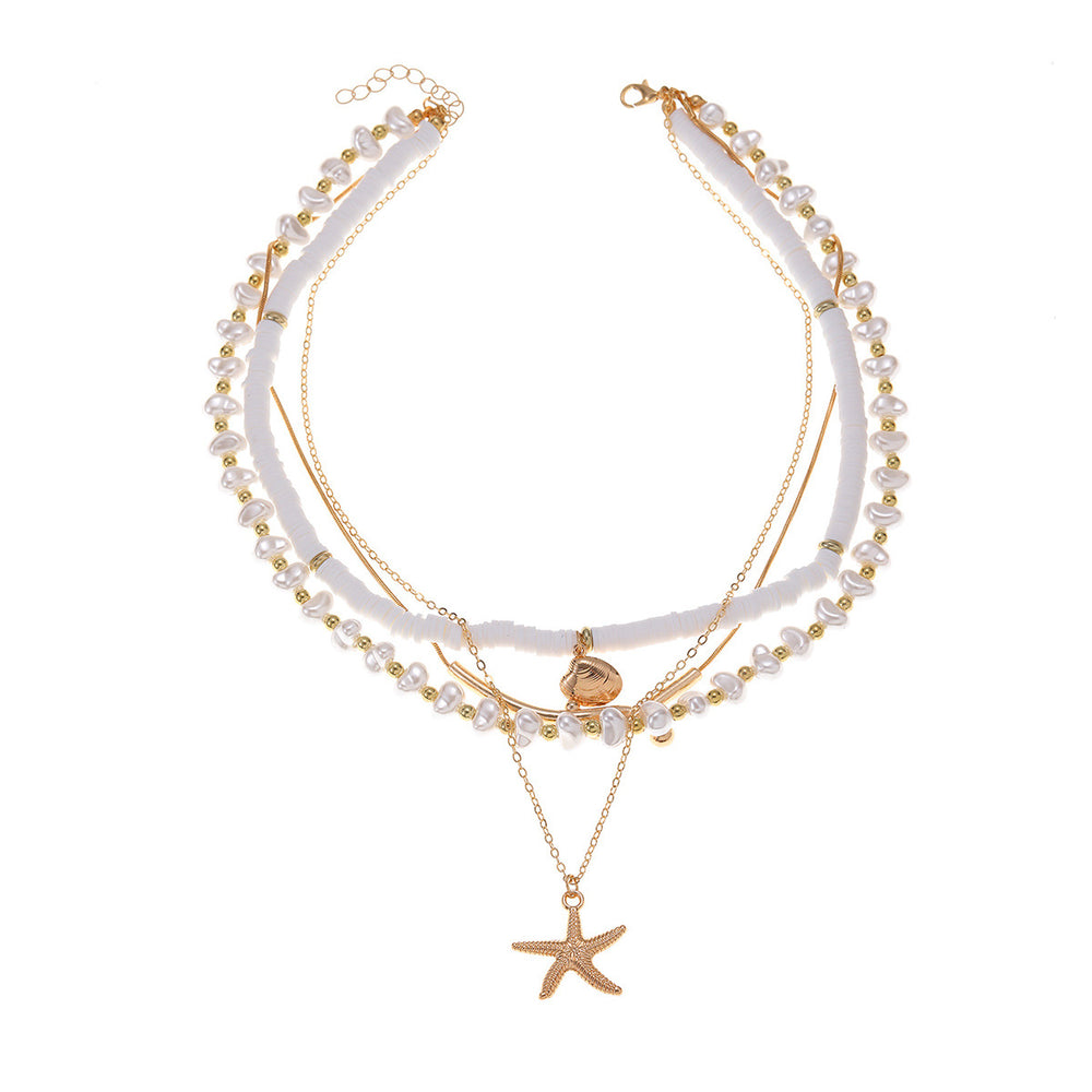 European and american cross-border summer beach soft clay imitation pearl beaded necklace niche irregular multi-layered starfish necklace