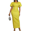 women's elegant bubble sleeve jacquard dress - bow detail, ruched waist, bodycon, evening gown