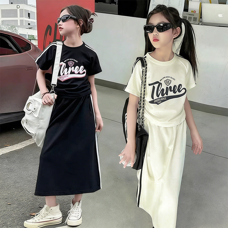 versatile girls' summer outfit: korean style sporty & casual fashion short-sleeve t-shirt and skirt two-piece set
