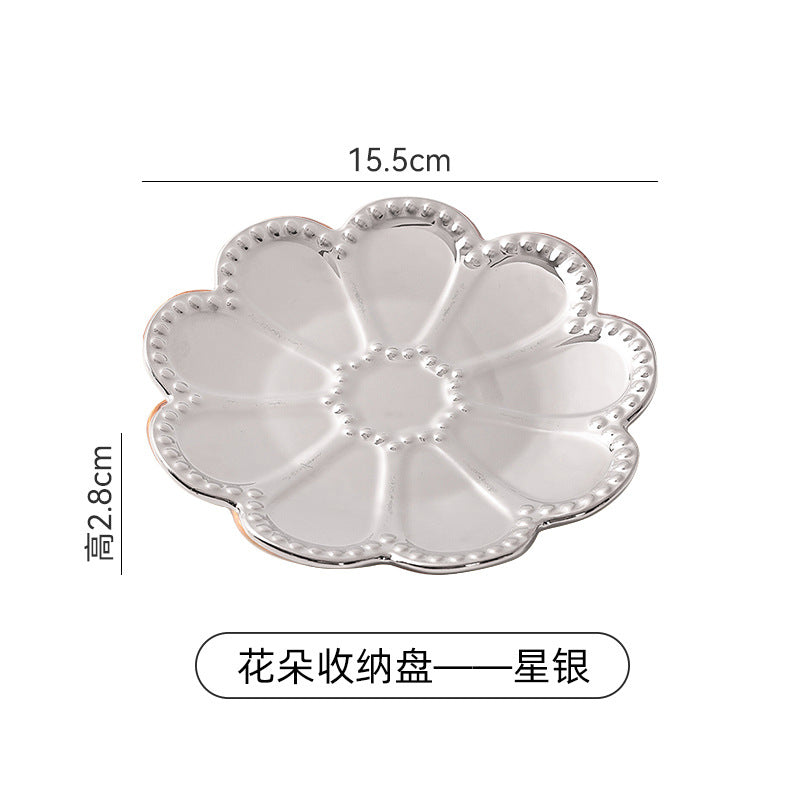 Ins electroplating creative ceramic flower pattern stylish ceramic jewelry storage tray high-looking photo prop display tray
