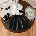 cross-border girls' fashion set: european & american style floral solid color top + a-line pu leather skirt with bow detail