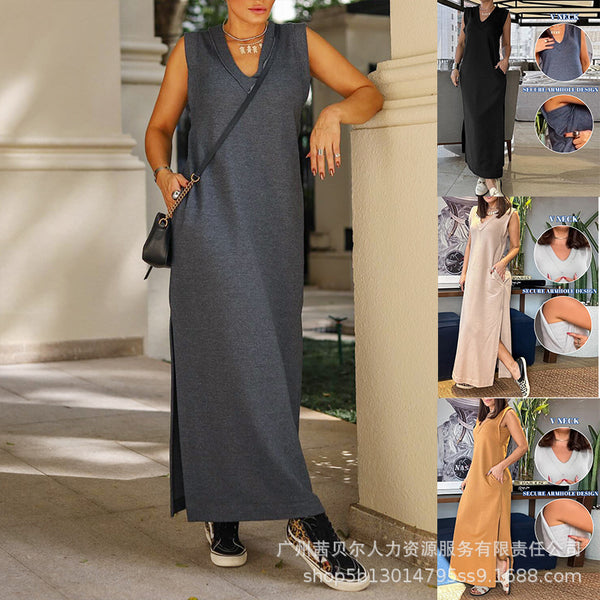 LZR18368 European and American new light gray rough edge V-neck test split fork long casual skirt