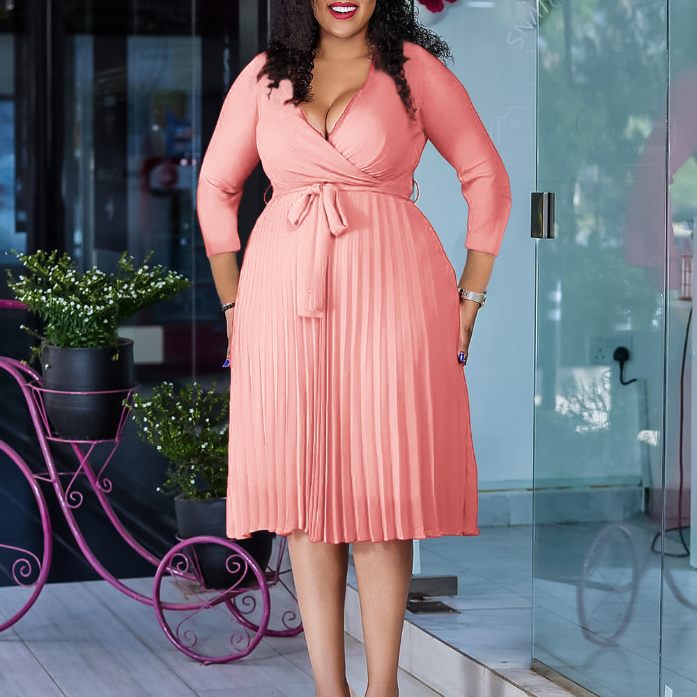 women's fashion  new arrival: stylish, elegant, casual, solid color v-neck long sleeve pleated skirt foreign trade dress
