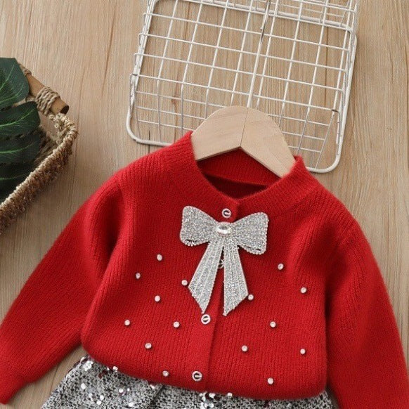 Girlsweater small fragrant style hot diamond bowsknittingcardigangirlnew arrival soft and waxy fall and wintereasiest for matchknittingsuit