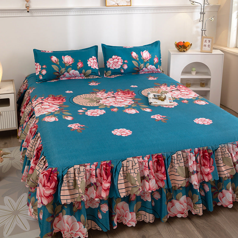 Bedspread bed skirt three-piece set korean style lace bed cover fitted sheet bed cover 3-piece set 1.68m bed 2.0 bed protector
