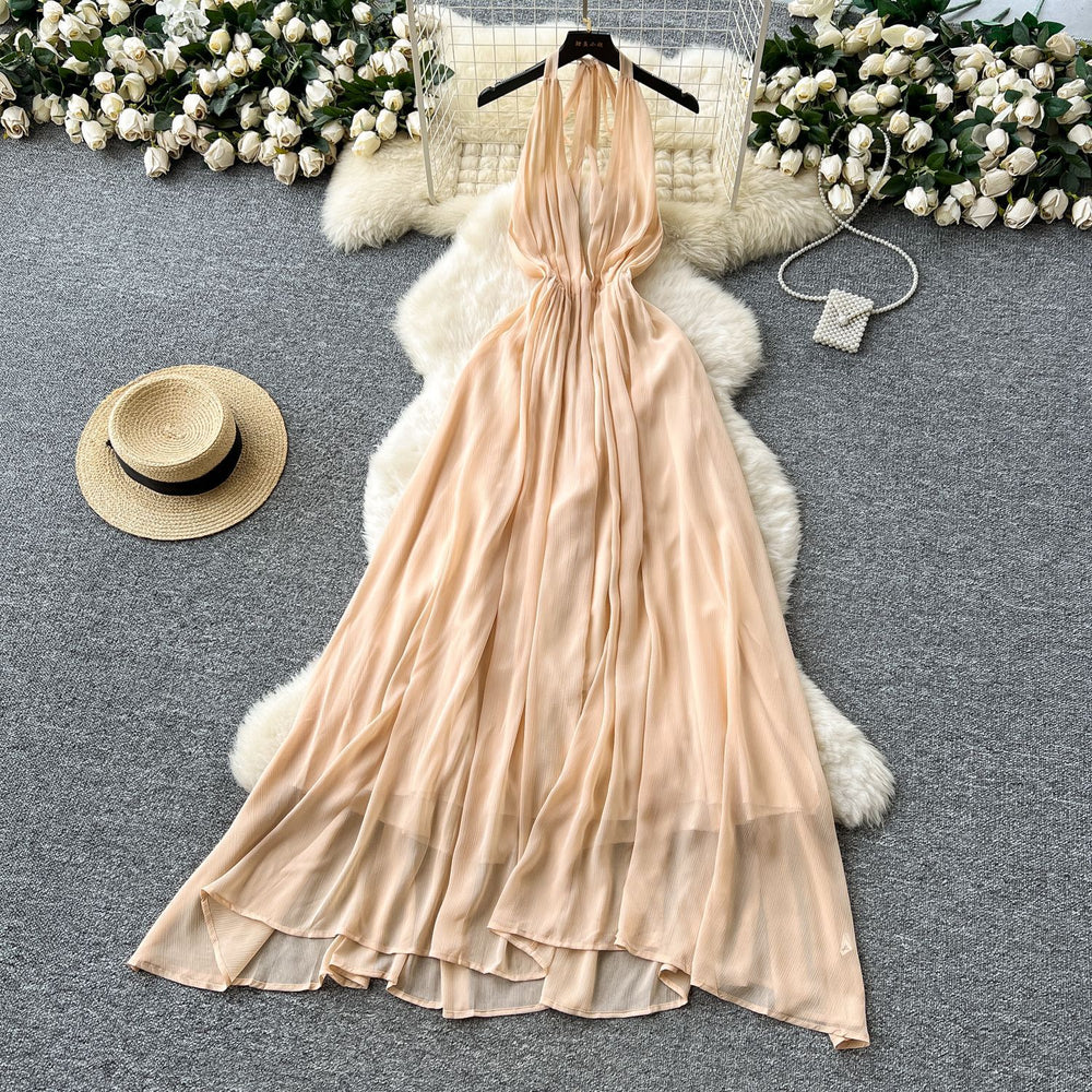 Vacation-style dress  summer french chic v-neck halter neck tie waist elegant backless chiffon maxi dress