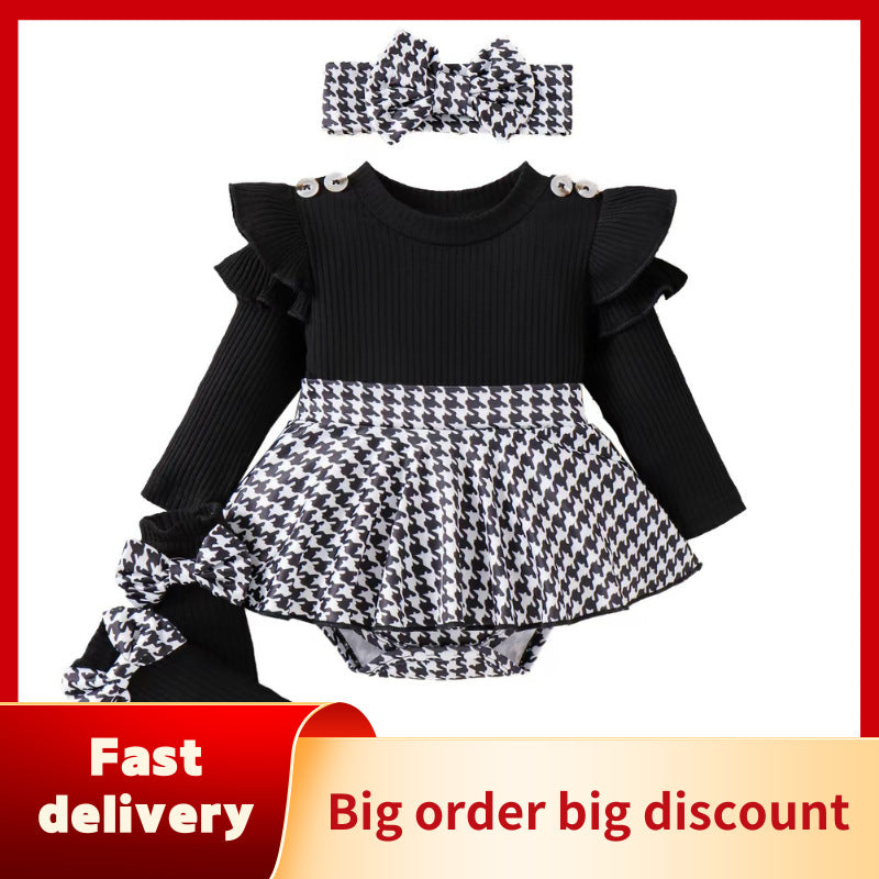 Children's clothingfall and winter style infant and toddler pit strip long sleeves double-layer flying sleeves and houndstooth skirt