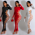 C6793 cross-border   fashion women's solid color round neck sexy tie-up maxi dress