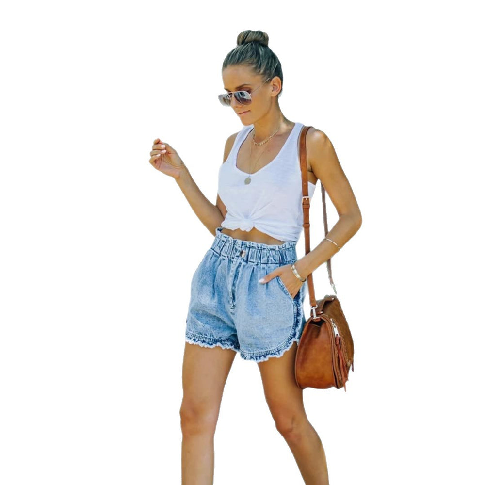 Export denim shorts for women elegantwork clothing raw edge shorts washed high waistfashion elastic beard jeans