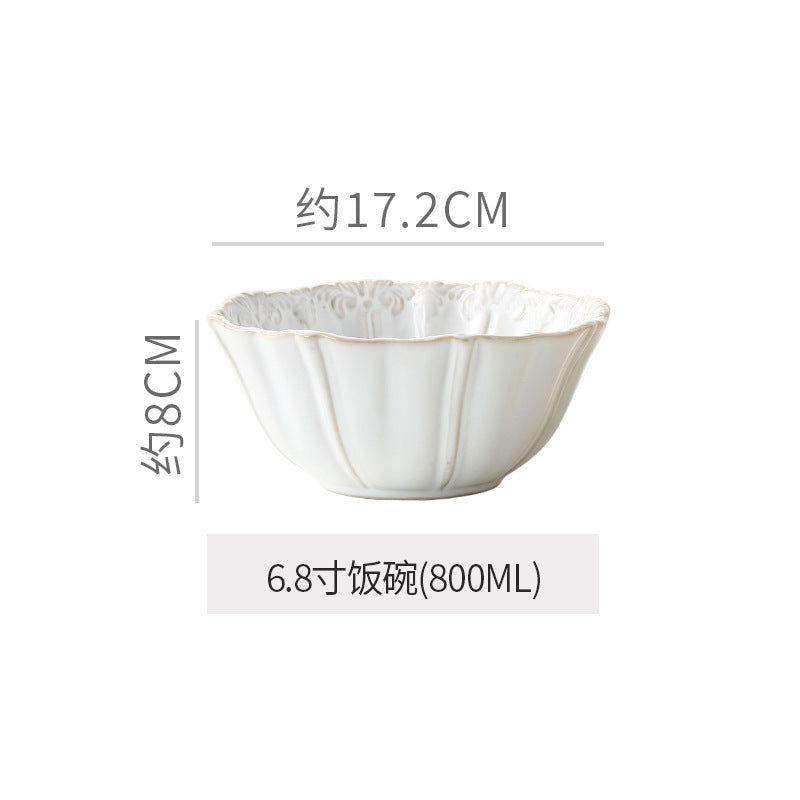 Embossed retro ceramic dinnerware set - french-inspired plates, high-end steak plates, dessert bowls, and rice bowls for home use
