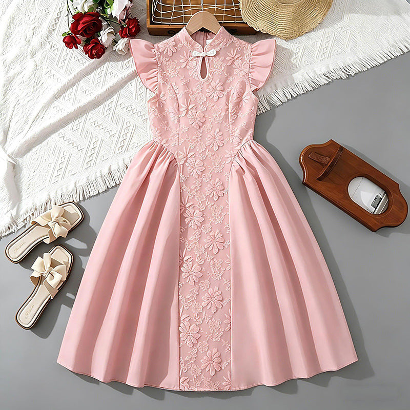 Girldress cross-border children's clothing summernew arrival red chinoiserie heavy industry embroideredpatchwork waist dress princess dress