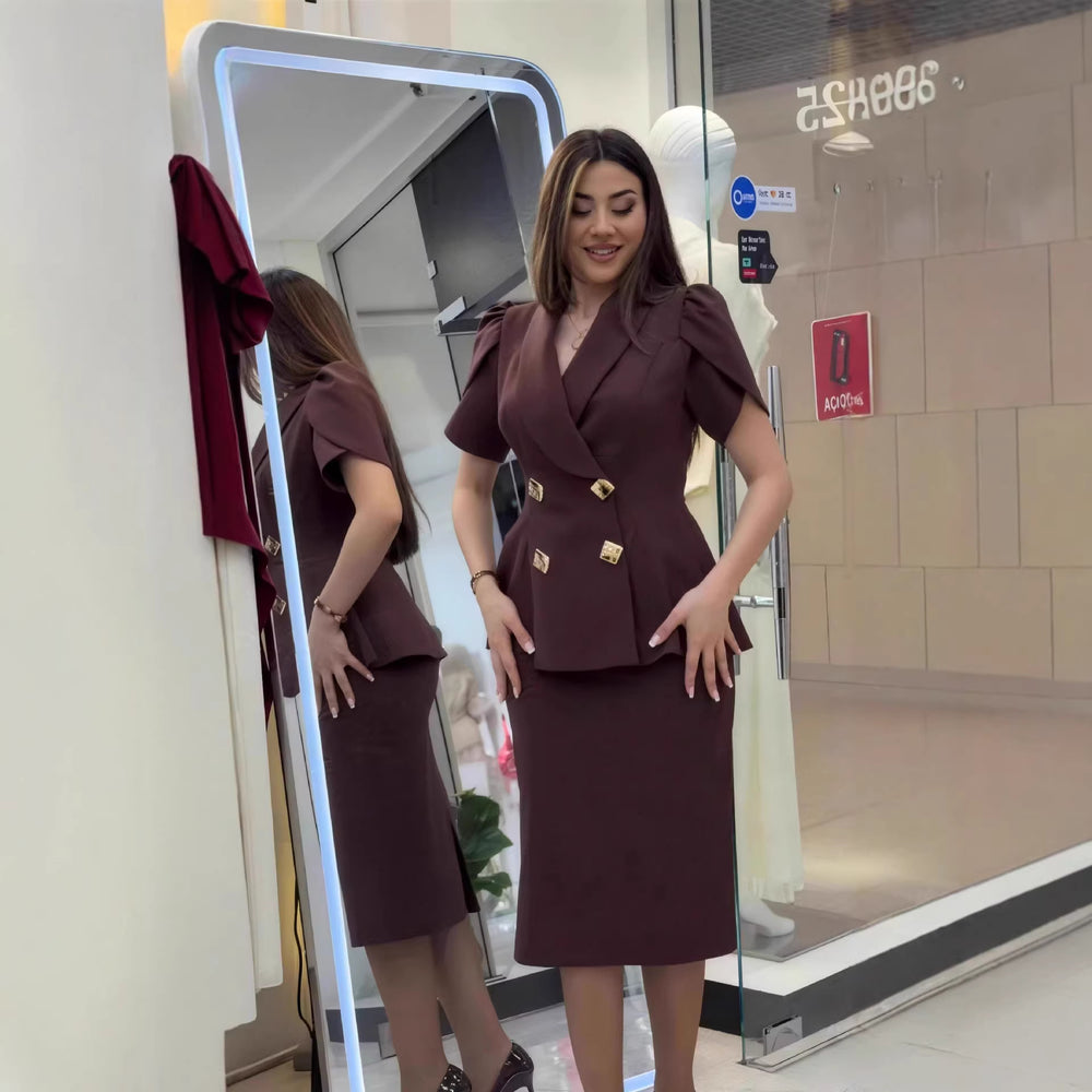 New arrivalwork clothing lapel double breasted tops high waisteasiest for match brown hip skirtsuit two-piece set