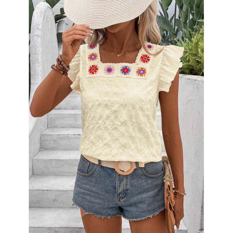 Ready-to-ship, export-quality, 1688 square-neck, crochet-trimmed, flutter-sleeve, solid-color women's top
