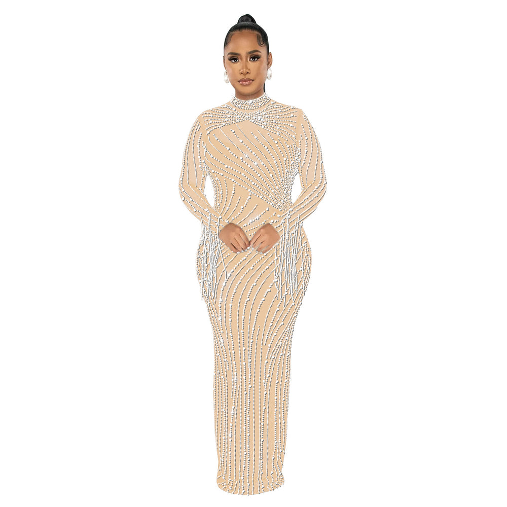 C6266   fashion women's mesh see-through rhinestone long sleeve maxi dress lined two-piece set