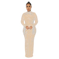 C6266   fashion women's mesh see-through rhinestone long sleeve maxi dress lined two-piece set