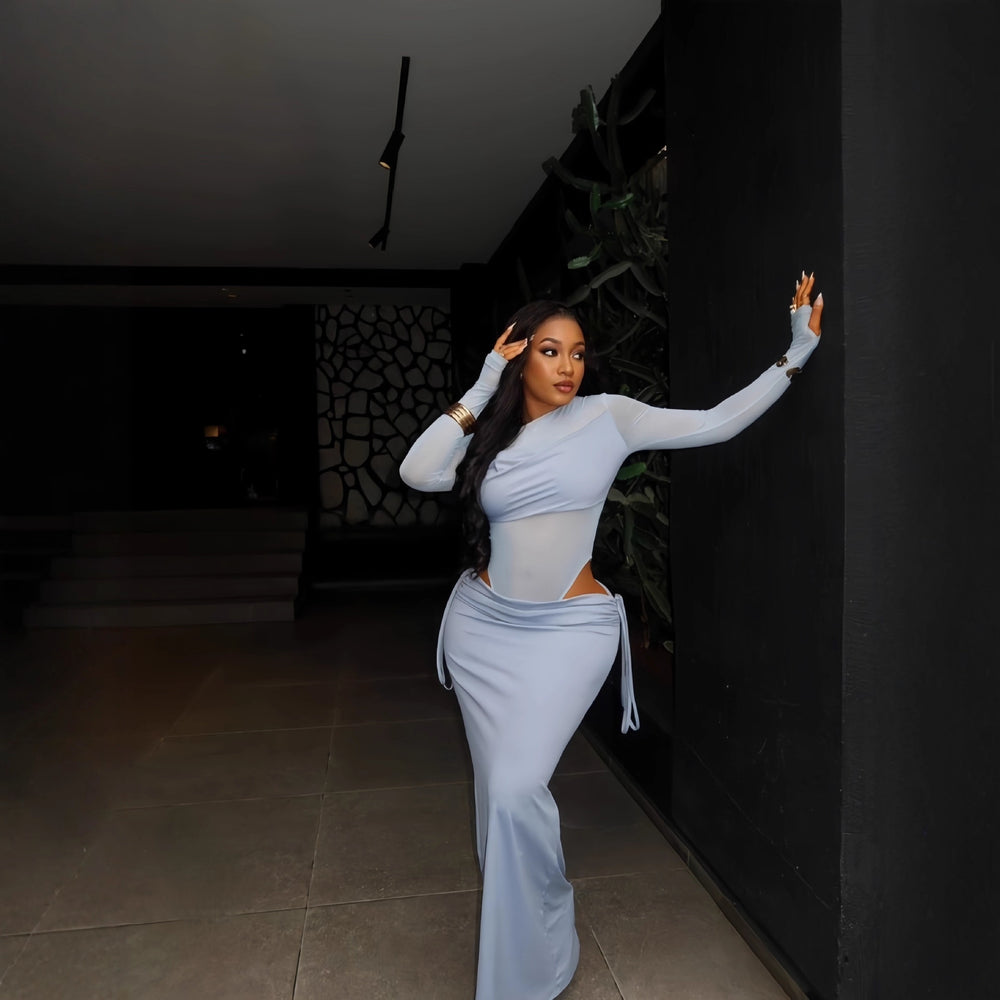 European and american cross-border women's fashion  winter new arrival: solid color long sleeve sexy slim-fit tie-waist midi skirt two-piece set