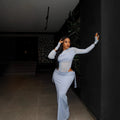 European and american cross-border women's fashion  winter new arrival: solid color long sleeve sexy slim-fit tie-waist midi skirt two-piece set