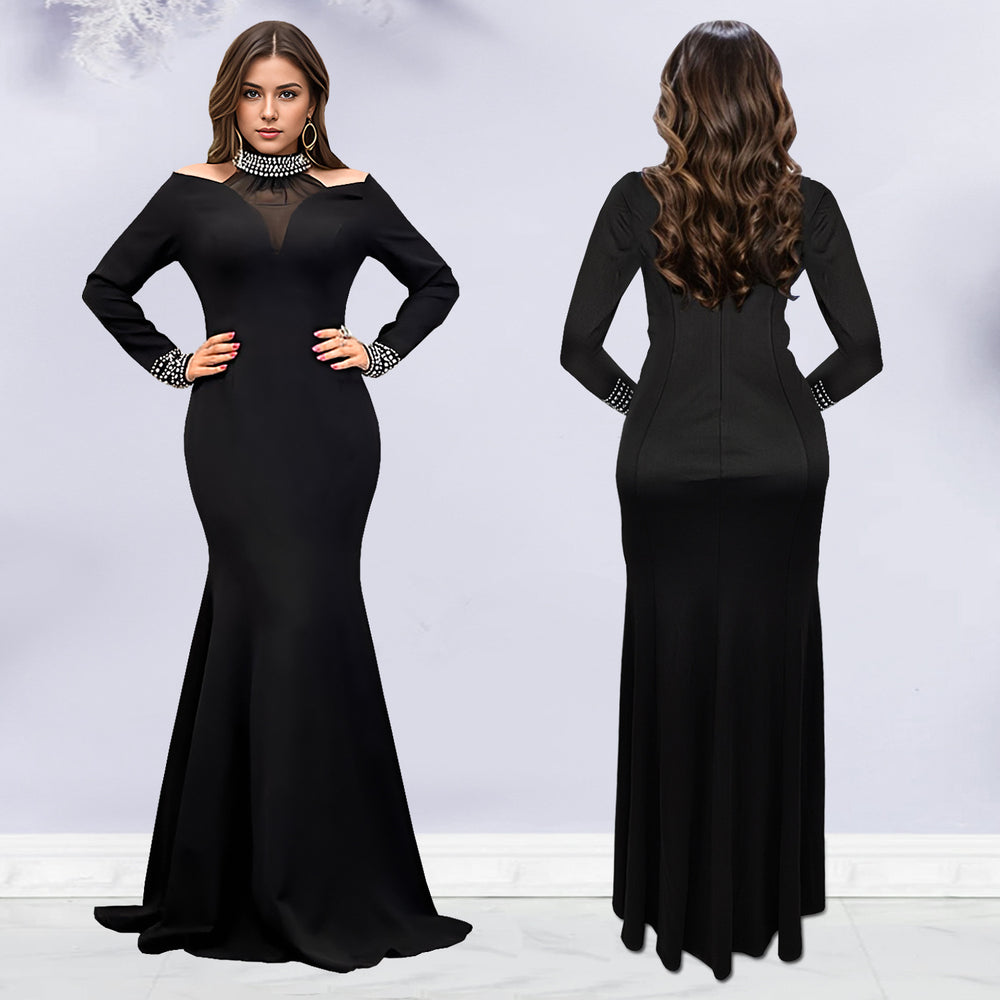 C7270 cross-border   fashion women's elegant slim-fit sleeveless rhinestone solid color dress