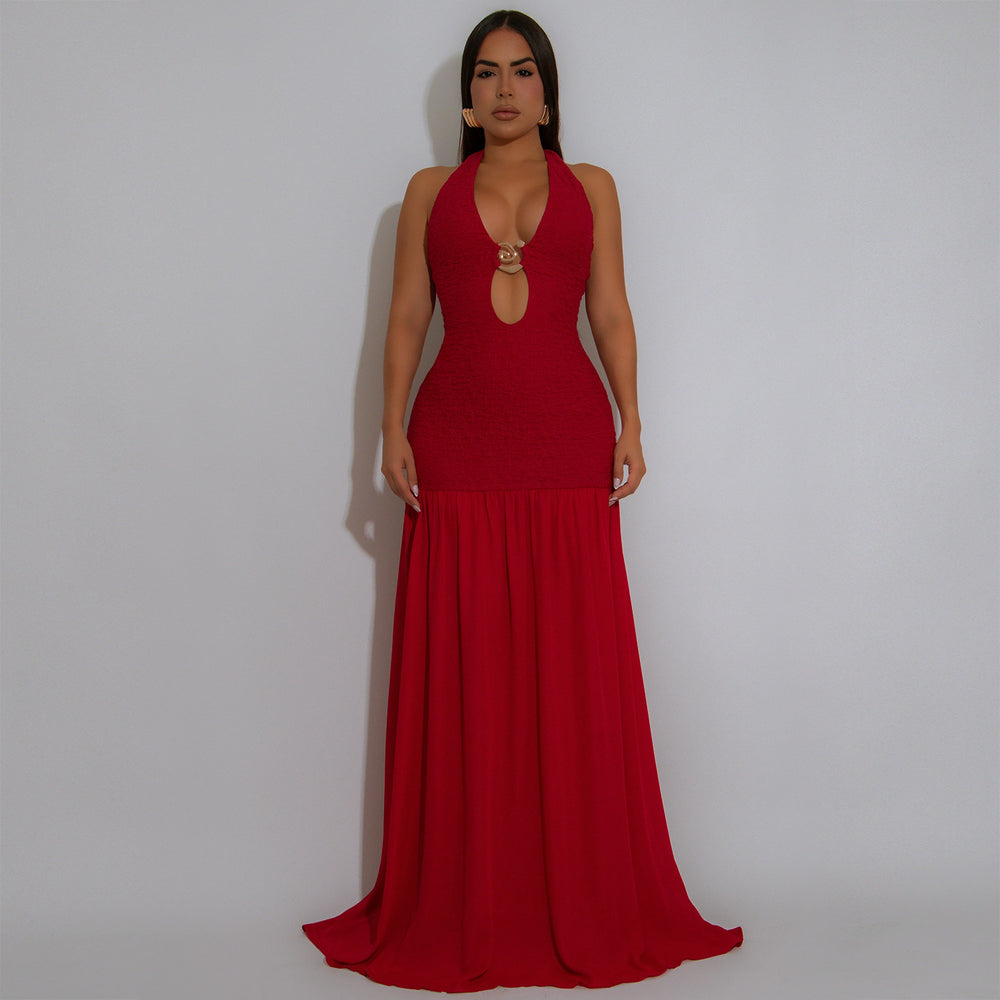 C7562 cross-border   fashion women's halter neck cutout dress for banquets and vacations