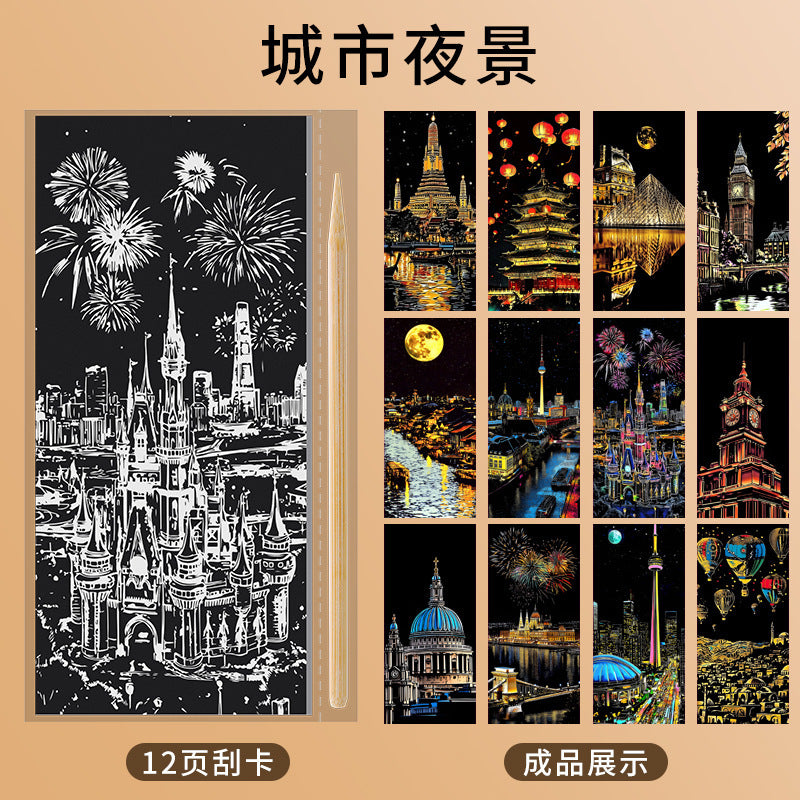 Scratch art paper - diy hand-painted scratch art - creative castle & dazzling night scene - stress relief art scratch paper