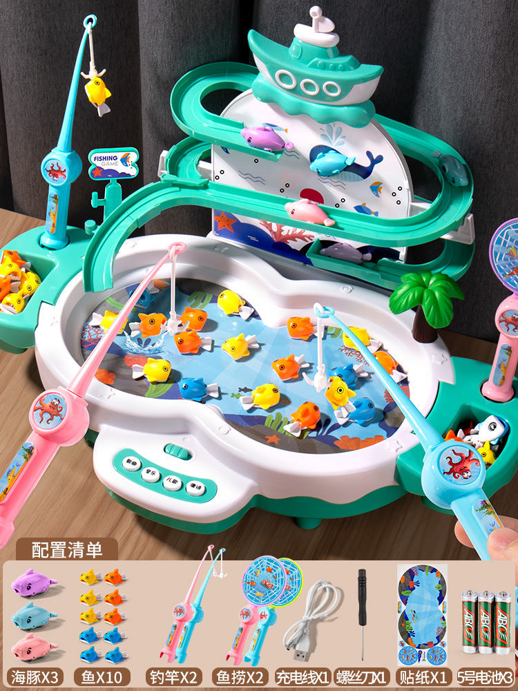 Magnetic levitation track electric fishing children's early education puzzle can add water sliding music fishing table toys boys and girls