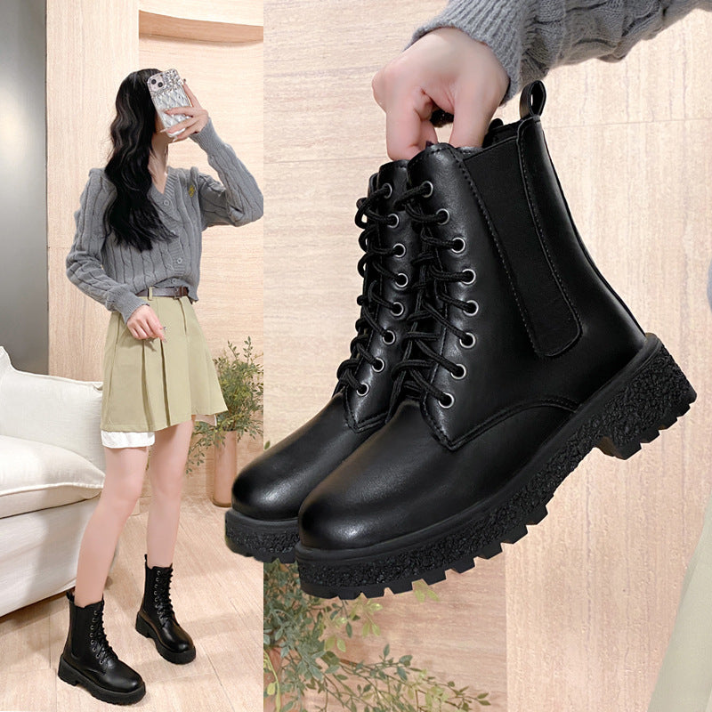 Women's mid-calf chunky heel round toe chelsea boots - 2025 autumn new korean style patent leather women's shoes - comfortable martin boots