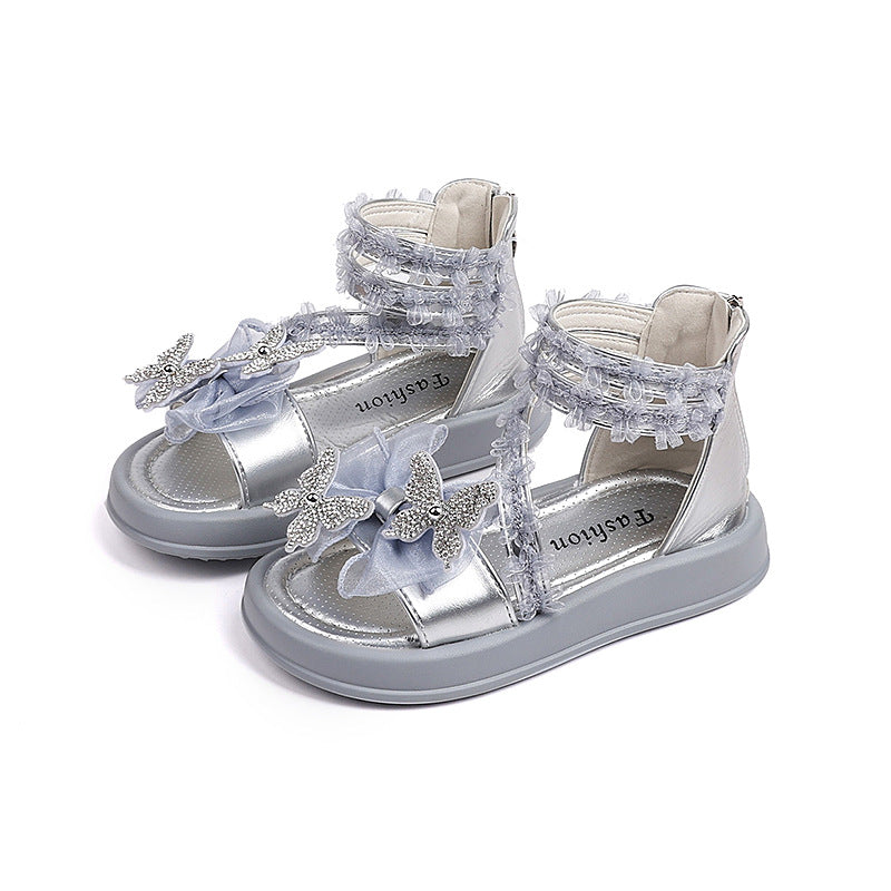 Vancahao girls' roman sandals -  summer new korean style kids' butterfly rhinestone princess sandals beach shoes