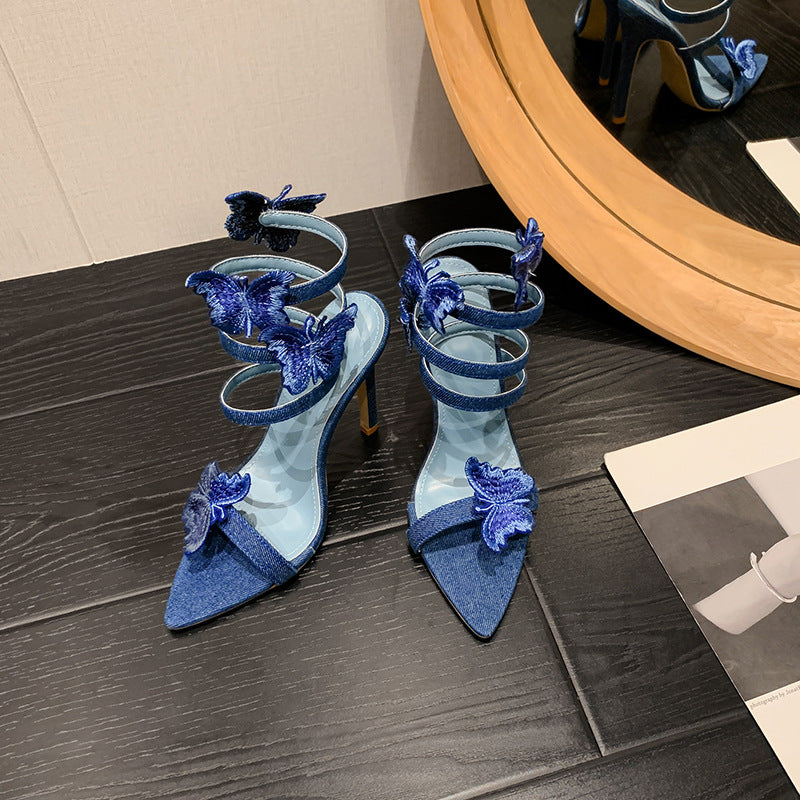 New embroidered wrap solid color shoes denim butterfly snake sandals export pointed toe stiletto heel slippers amazon