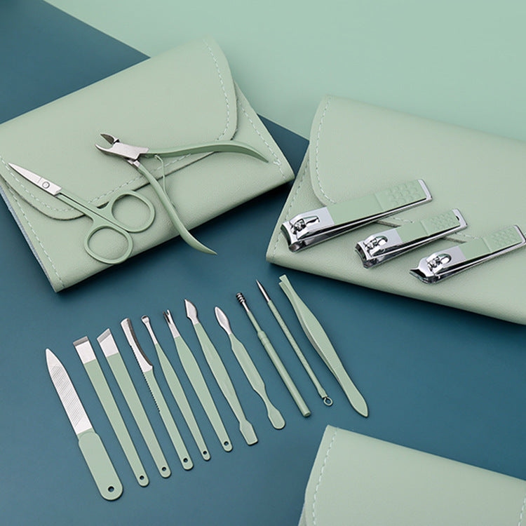 Green stainless steel nail clipper pedicure knife set manicure tool full set nail scissors suit nail clipper wholesale full set