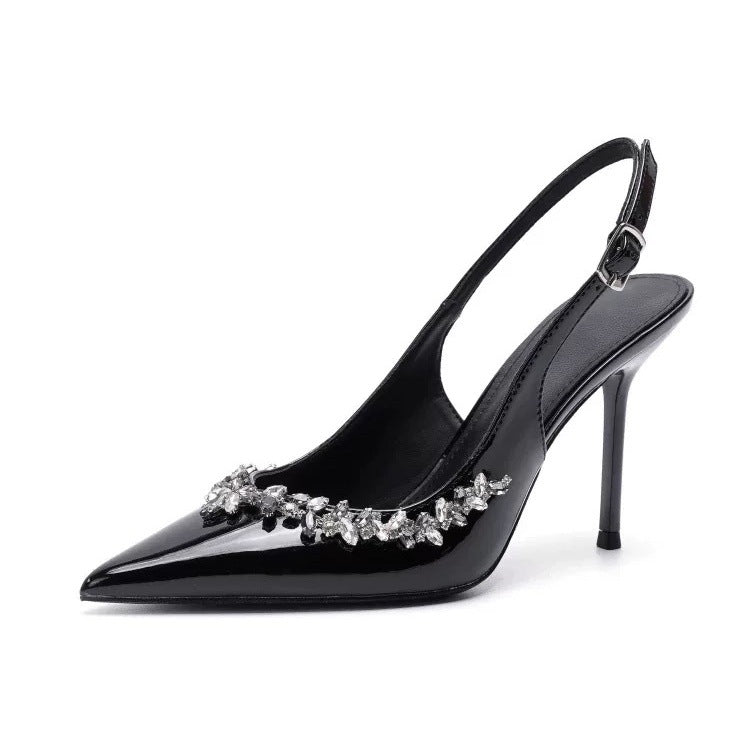 Wo chain rhinestone high heels women's stiletto pointed toe elegantfrenchflats one-piece patent leather toe sandals banquet