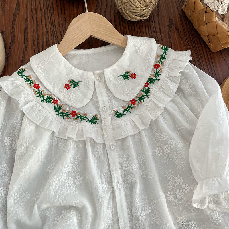 Girls' blouse - new autumn  collection: embroidered floral long-sleeve top, sweet and stylish for kids, perfect as a base layer or standalone