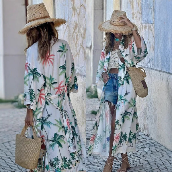 2025 European and American  women's clothing summer new   sunscreen clothing printing 7-point sleeve cardigan long