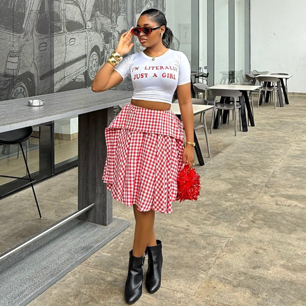 European and american cross-border women's fashion:  summer new arrivals - high-waisted, slimming, asymmetrical plaid midi skirt with unique design
