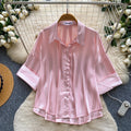 Korean style fashionable niche versatile satin blouse for women,  summer high-end slimming commute chic short top
