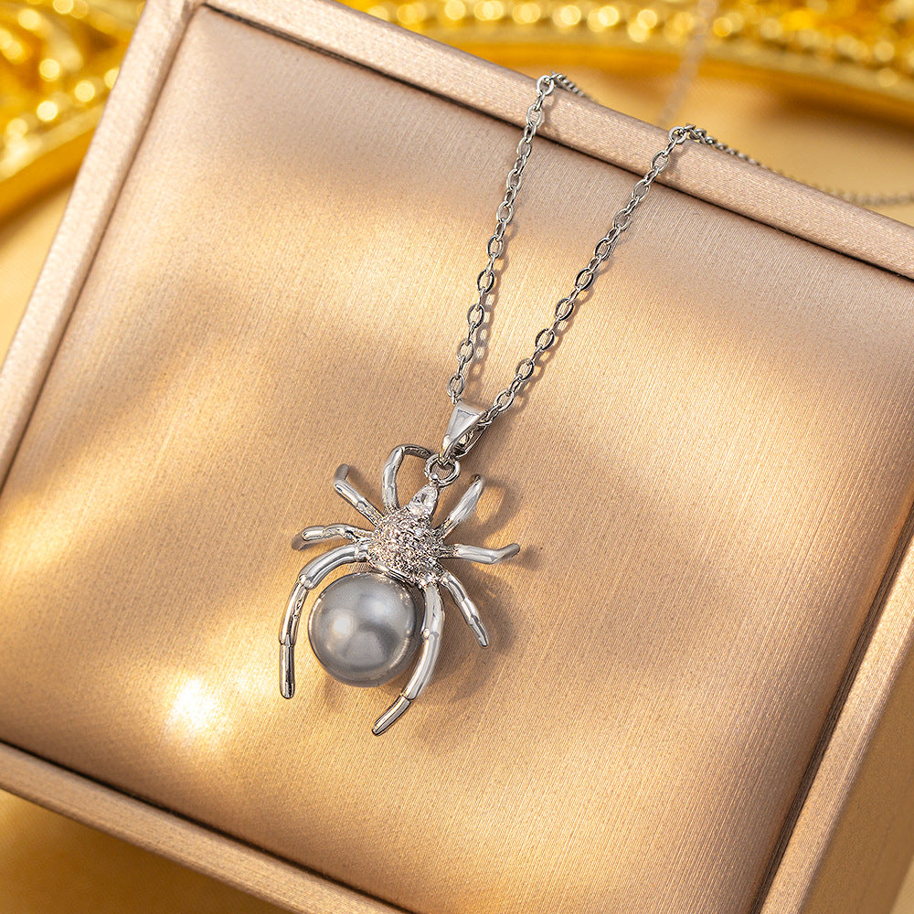 [titanium steel] cross-border hot-selling pearl spider necklace women's personalized fashion earrings ring high-end set accessories