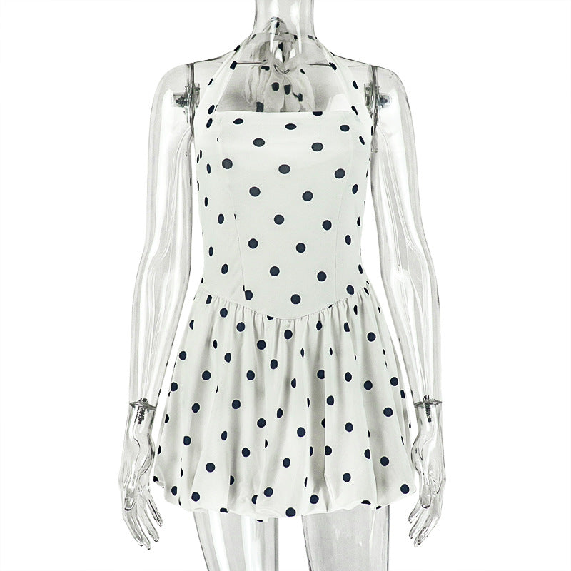 European and american style ins foreign trade black and white printed women's polka dot waist pleated a-line skirt halter sleeveless short dress trendy