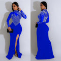C6825 cross-border   fashion women's solid color mesh rhinestone slit maxi dress