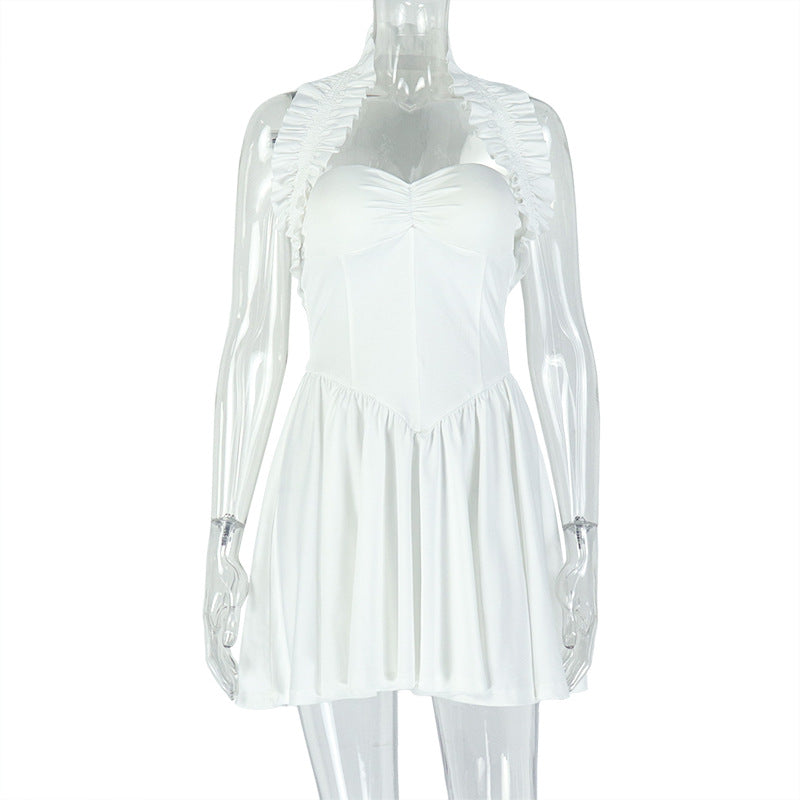 European and american style cross-border solid color slim-fit women's sexy backless pleated a-line dress, minimalist halter neck sleeveless mini dress