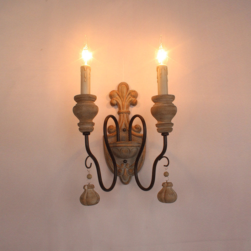 American retro wall lamp - cordless charging, solid wood, french style for living room, bedroom, bedside, hallway, stairway, candle wall sconce
