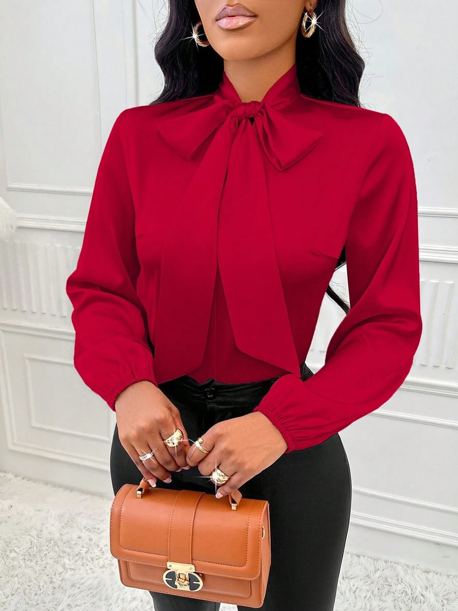 Independent station women's clothing  cross-border export spring new satin shirt  bow long sleeve top