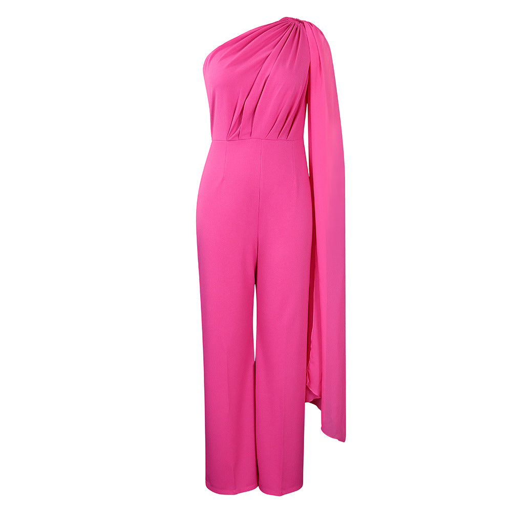 C8560 cross-border women's clothing independent station foreign trade pure colorolsexy one-shoulder banquet fashion dress african jumpsuit