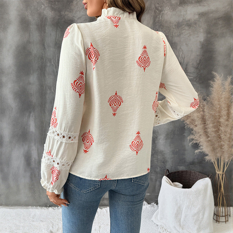 European   2025 new autumn top single-breasted cardigan stand-up collar ethnic style printed shirt women