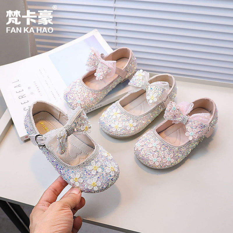 Girls' leather shoes - new autumn  collection: kids' bowknot rhinestone princess shoes, sparkling crystal shoes for baby girls