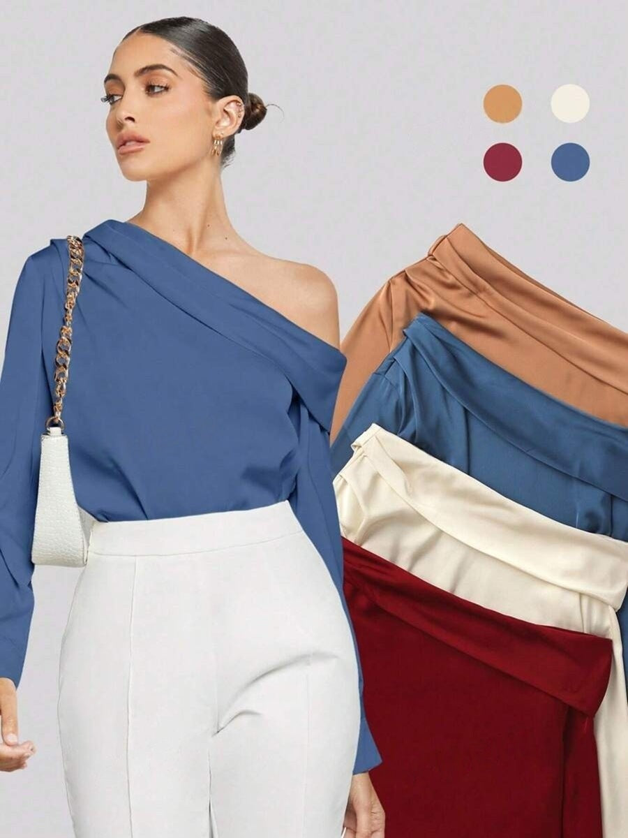 Export cross-border pleated satinshirttops spring and summer fashion  off-shoulder asymmetrical long-sleeved shirt women's clothing