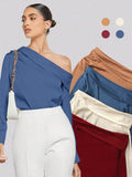 Export cross-border pleated satinshirttops spring and summer fashion  off-shoulder asymmetrical long-sleeved shirt women's clothing