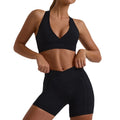 High-waisted, back-smoothing, butt-lifting pilates, fitness, running, halter neck sports bra top and shorts yoga set for women