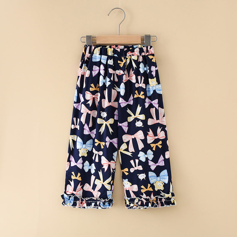 Girls' rayon summer lightweight pajama pants - cartoon print, loose fit, breathable, can be worn outdoors, cropped length