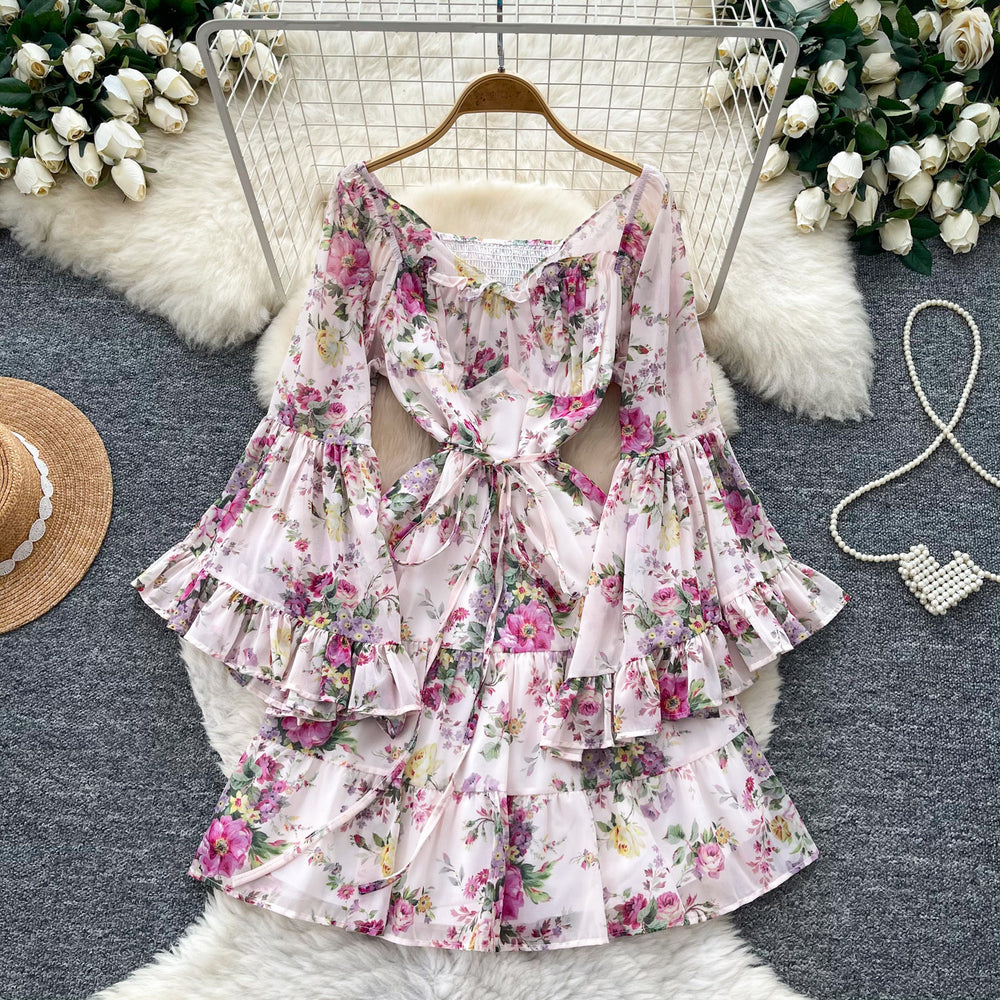 French romantic floral flared sleeve dress - women's spring/autumn cinched waist slimming tiered dress - elegant vacation style