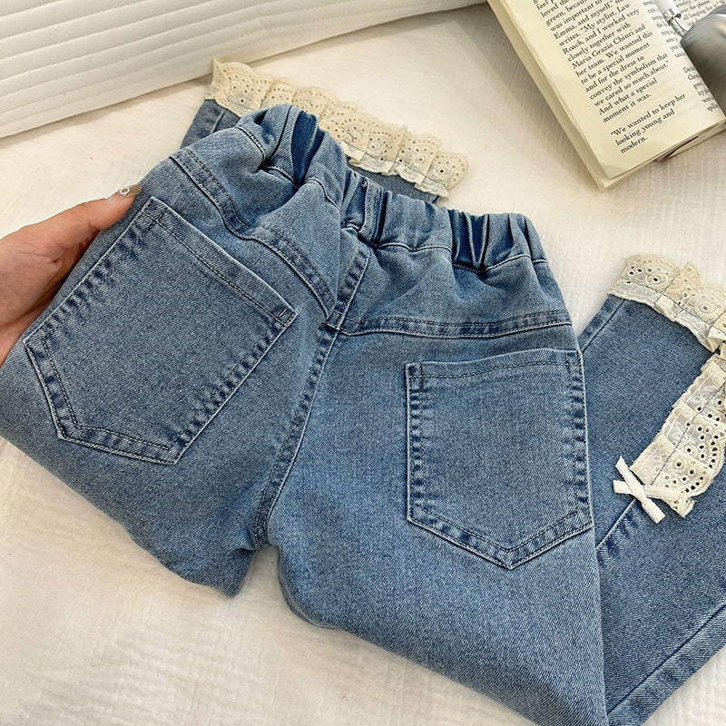 Pre-order  spring new girls' denim jeans: spring collection lace-trimmed flare jeans - stylish and versatile