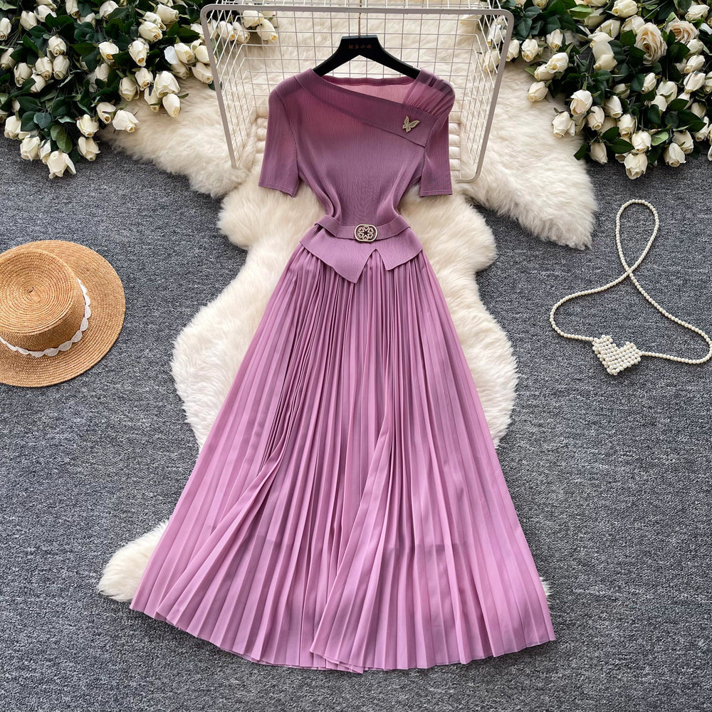 Sense of design classyelegance green dress for women summer short-sleeved high waist waist pleated long skirt light mature style work clothing